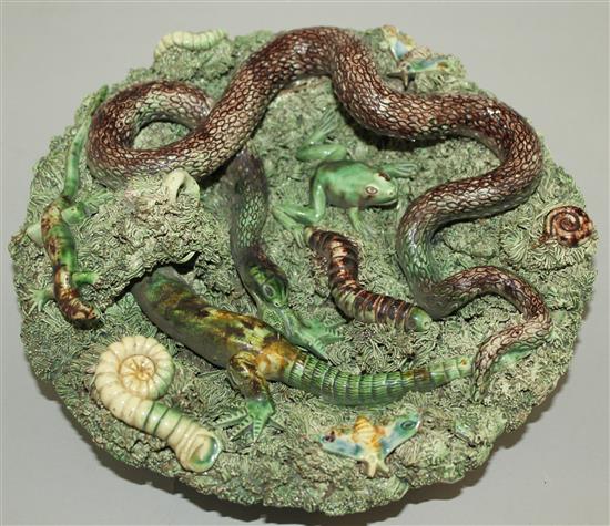 A Caldas Rainha Palissy style amphibian and reptile dish, late 19th century, 24cm, small losses